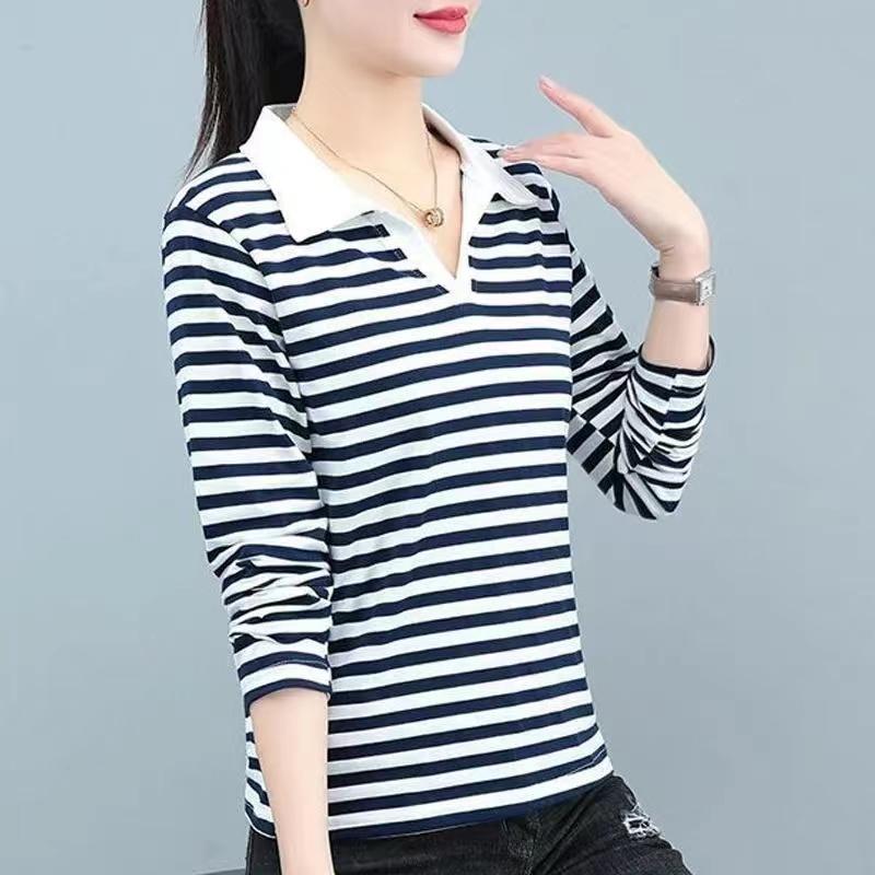 Product Introduction of Youthful Turn-down Collar T-shirt Striped Slim Fit Women Spring Autumn 2024 New Age-reducing Polo Collar Long Sleeve T-shirt 8