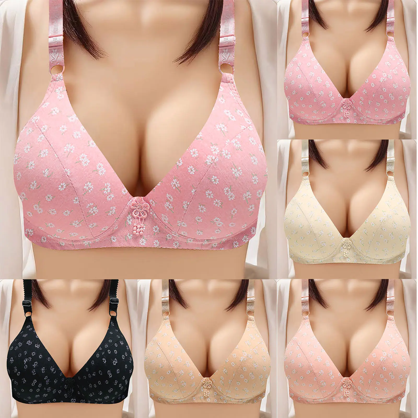 Women's Non Steel Ring Style Printed Gathered Middle Button Breathable Underwear Daily Bra V16