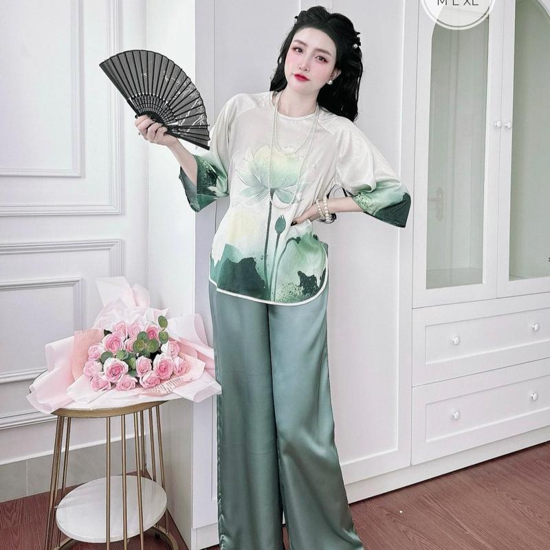 Set Bộ Đồ Lam Đi Chùa In 3D phương đồ bộ Nhiều Màu, Chất Áo Tơ Xước-Quần Lụa Mango Cao Cấp Mềm Mịn Thoáng Mát - Size M/L/XL Kem Women B363