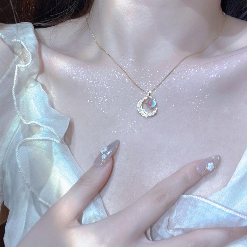 Product Introduction of Titanium Steel Necklace Moonstone Necklace Female Light Luxury Minority Simple Colorful Moon Clavicle Chain 10
