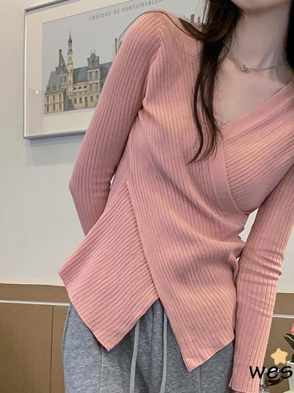 Eliza Knit Sweater Wanita V-neck Gaya Korea All-Match Pakaian Wanita Knit Baju Panjang 4