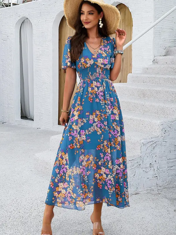 Women's Floral Print Shirred V Neck A Line Dress, Boho Fashion Short Sleeve Long Dress for Beach Vacation Holiday Wedding Guest, Ladies Dress for Summer 4