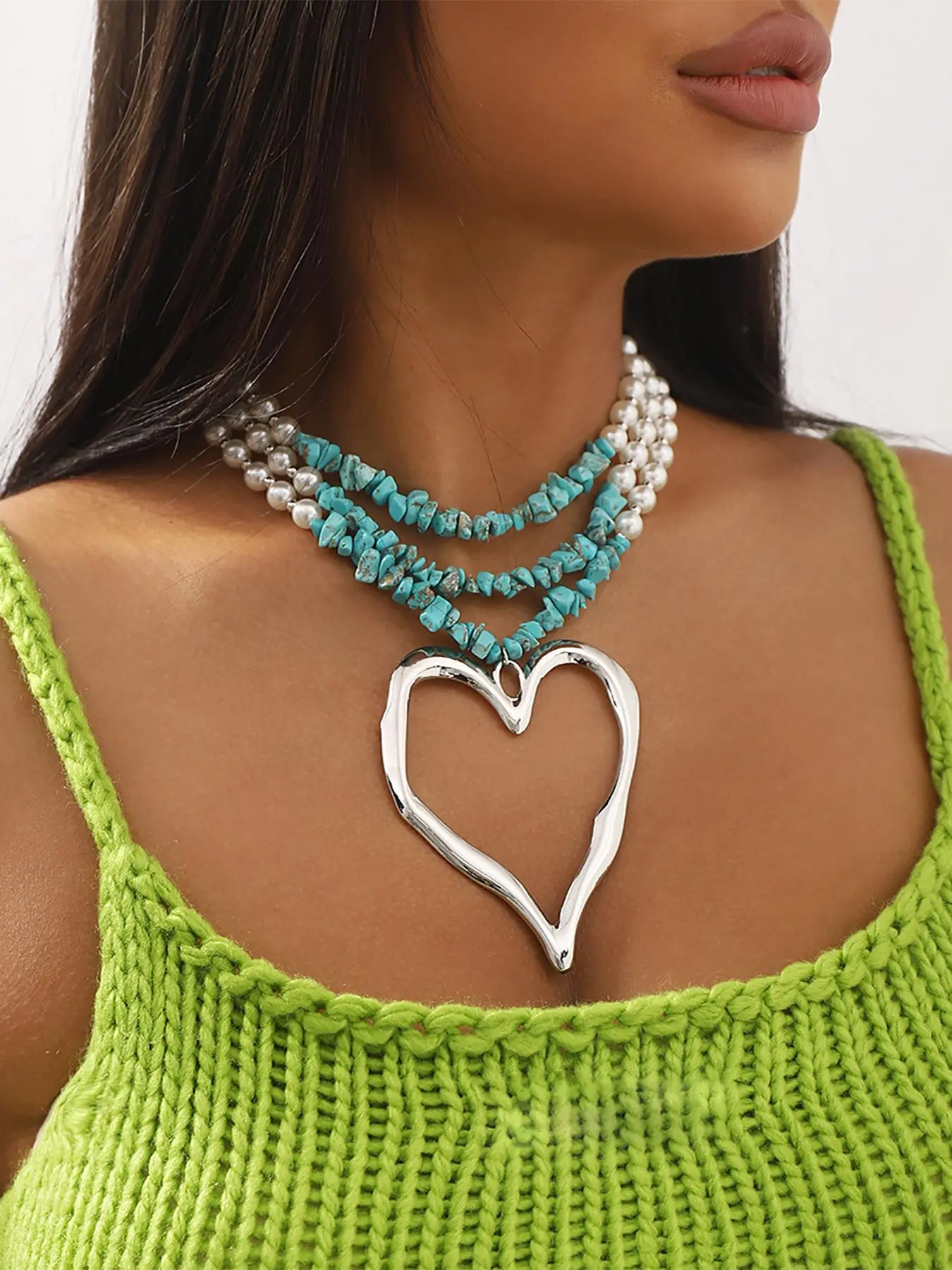 Women's Boho Style Faux Pearl Decor Heart Design Layered Necklace, Fashion Punk Turquoise Texture Decor Necklace for Party, Daily Decor, Trendy All-match Vintage Jewelry As Birthday Gift, Gifts for Wife