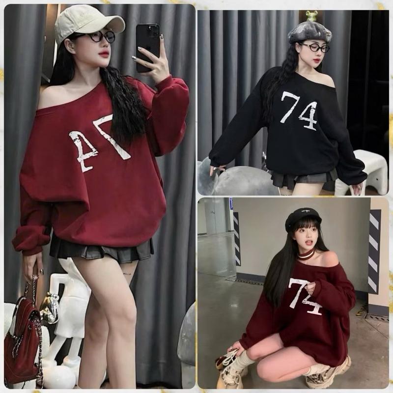 Áo Nỉ Vai Lệch Sweater In Số 74 Áo Nỉ Form Rộng Trễ Vai Thu Đông Thời Trang