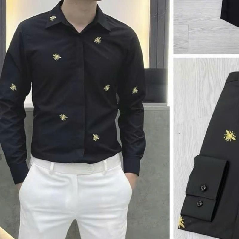 Áo sơ mi nam dai tay thêu ong vàng che cúc thời trang chất cotton mềm min thoáng khí mẫu mới sang trọng Menswear Shirt Có Cổ 572