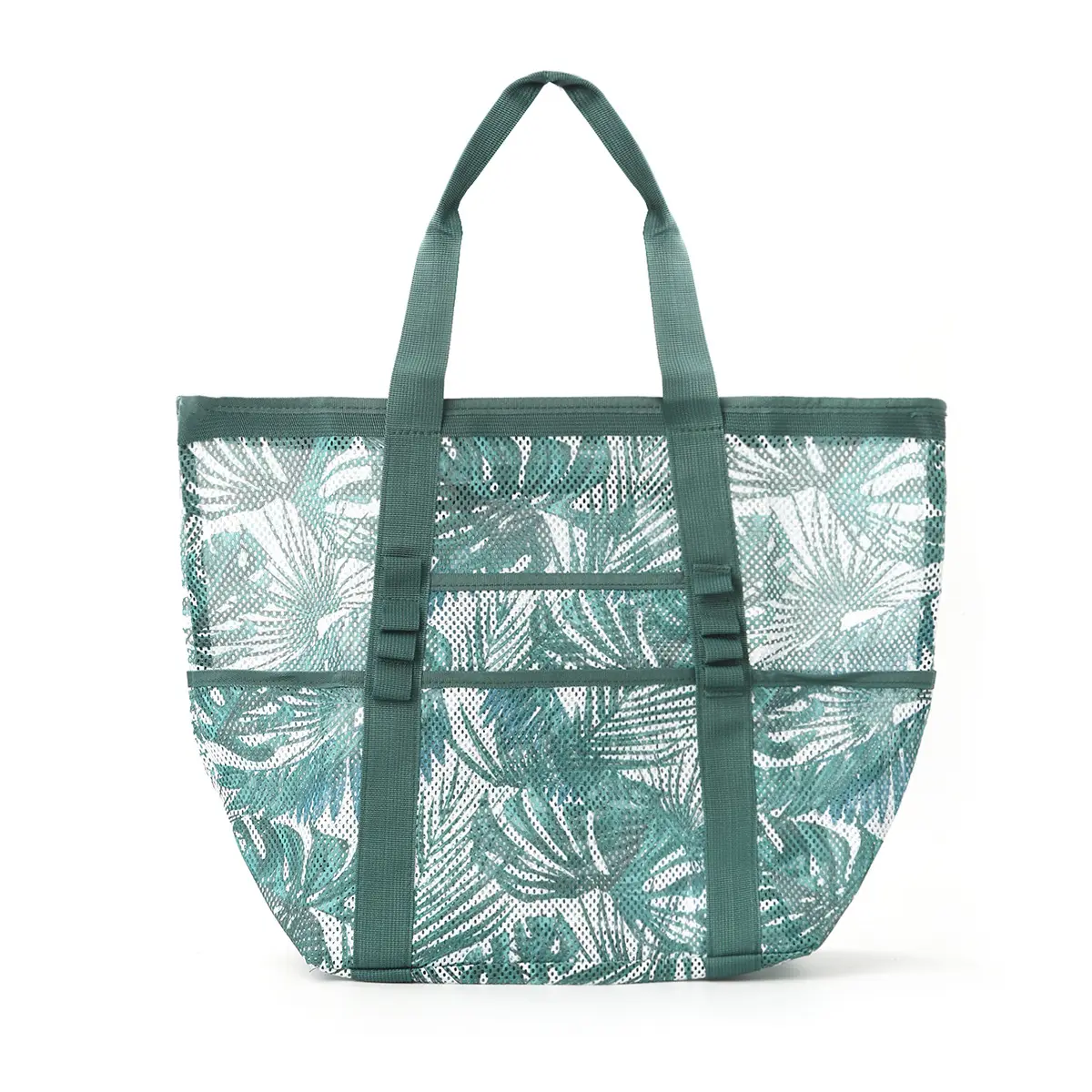 Vacation Style Foldable Beach Tote Bag Multi Pocket Mesh Handbag for Seaside Storage