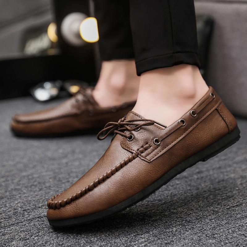 Round Toe Shoes Casual Men's Slip-on Leather Shoe Flat Lightweight Breathable Dress Shoes 2024 New 5