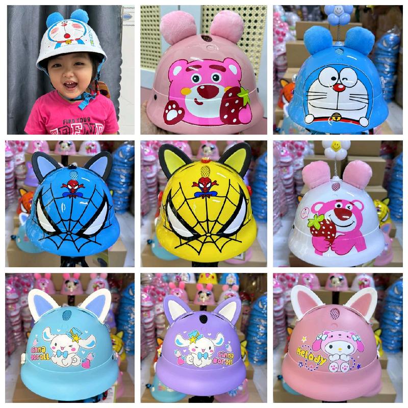 Mũ bảo hiểm bé vành tròn - có hình cute dể thương trai & gái _ size 5 đến 12 tuổi _ ( cam kết hàng như hình )  tặng kèm chăm tai hoặc bông hoa theo màu nón