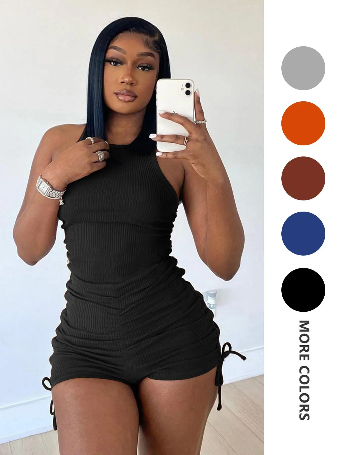 Women's Solid Ruched Drawstring Skinny Tank Romper, Minimalist Casual Sleeveless Round Neck Romper for Daily Outdoor Wear, Ladies Summer Clothes