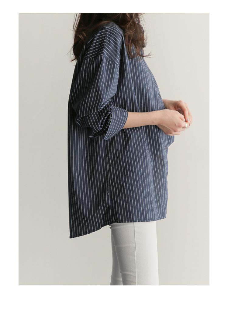 Product Introduction of 2023 Spring/Summer New Mid length Versatile Loose Blue Vertical Stripe BF Large Long Sleeve Shirt Women's Summer Han Style Top Blouse 4
