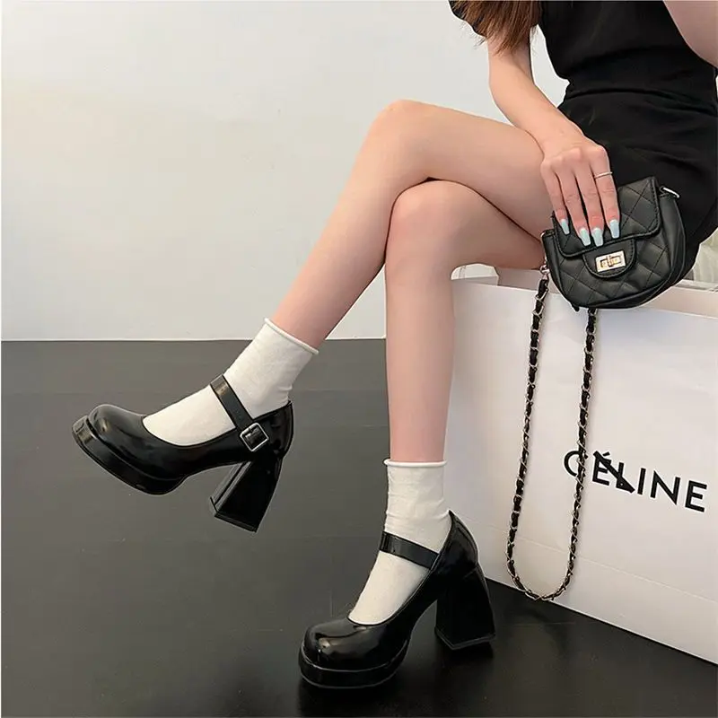 Mary Jane-Giày Cưới Cho Nữ, Giày Cao Gót Màu Đen Khối Thanh Lịch, Âm Nhạc Ngắn Retro Kiểu Pháp Mới, Giày Cao Gót Siêu Cao, Bơm