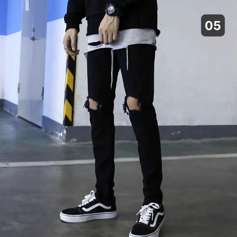 Quần jeans nam 05 rách gối to màu đen, quần nam chất liệu bò co giãn thời trang cao cấp NấmStore form skinny mới Menswear Có Túi Pants