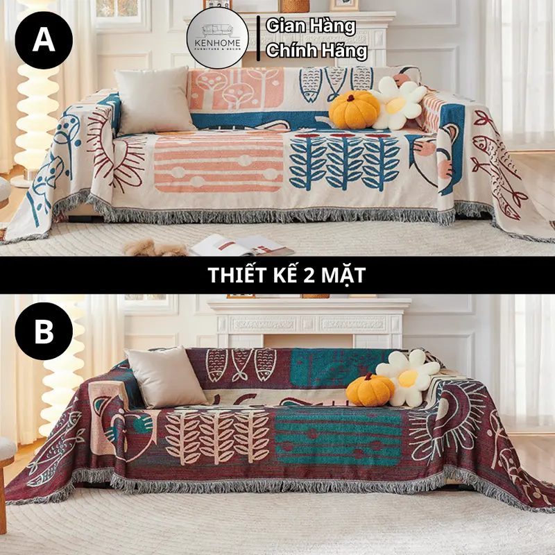 Khăn Trải Sofa Họa Tiết 2 Mặt, Thảm Trải Bàn Phối Ren Tua Rua, Thảm Picnic Phong Cách Bắc Âu Màu Sang Trọng, KENHOME 3