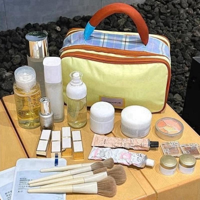 Product Introduction of Cute Oxford Cloth Plaid Makeup Bag Portable Handle Travel Cosmetic Container Multifunctional Storage Wash Pouch Data Cable Storage 12