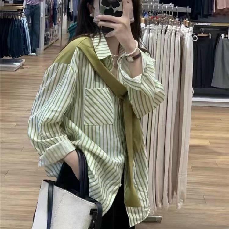 Áo sơ mi khăn kẻ sọc hàng Qc K8 Nữ Top Women Shirt Kem somisoc aoxinh hot 2
