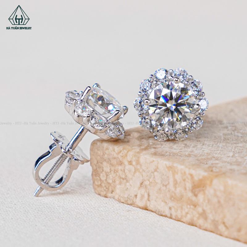 Bông Tai Bạc 925 Xi Kim Viên Chủ Đá Moissanite 5mm EX128 Hà Tuấn Jewelry