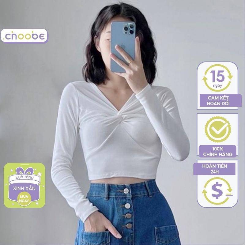 Áo croptop tay dài nữ Choobe xoắn ngực vải thun cotton - A80 Sơ Mi Cổ Tròn