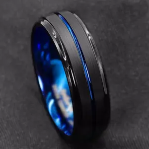 Cincin Hitam List Biru / Cincin Titanium Polos Garis Biru Simple Untuk Pria Wanita / Cincin Laki Laki Keren TOP Quality Warna Hitam / Aksesoris Fashion Cincin Stainless Murah Bagus Untuk Cowok Cewek / Luxury Titanium Black Blue Groove Ring