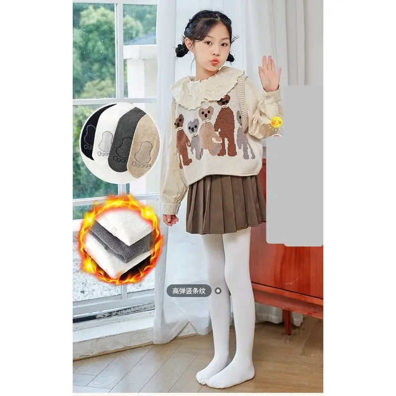 Quần tất len lót nỉ ấm liền bàn cho bé gái màu trơn thun gân tăm 1