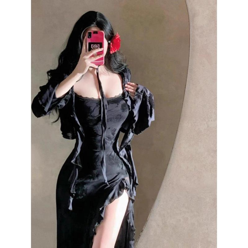 Váy Ren, Phong Cách Pháp, Ren Jacquard Màu Đen, Dây Đeo Spaghetti, Dáng Ôm, Váy Midi Cô Gái Nóng Bỏng, Váy Xẻ Tà Bó Sát Eo, Dễ Thương Và Gợi Cảm Voan Dress 2