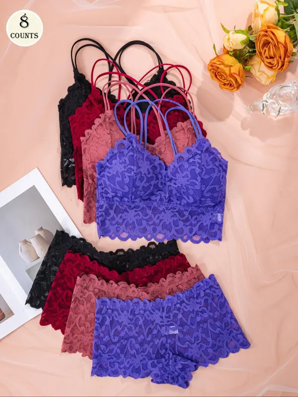 Women's Contrast Lace Backless Bra & Shorts Underwear Set, Sexy Comfy Breathable Lingerie Set for Daily Wear, Underwear Set for Women 3