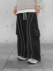 Men's Striped Print Drawstring Waist Cargo Pants, Casual Street Comfy Straight Leg Trousers for Outdoor Daily Wear, Menswear