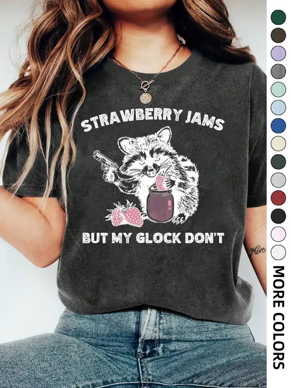 Women's Strawberry & Raccoon Print Round Neck Tee, Fashion Casual Drop Shoulder Short Sleeve T-shirt for Daily Wear, Ladies Summer Clothes,  T Shirts for Women 7