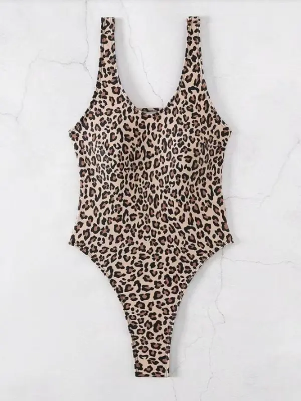 Women's Leopard Print U Neck One-Piece Swimsuit, High Stretch Casual Fashion Backless Sleeveless Swimwear for Beach Holiday Vacation, Ladies Swimsuit for All Seasons 2