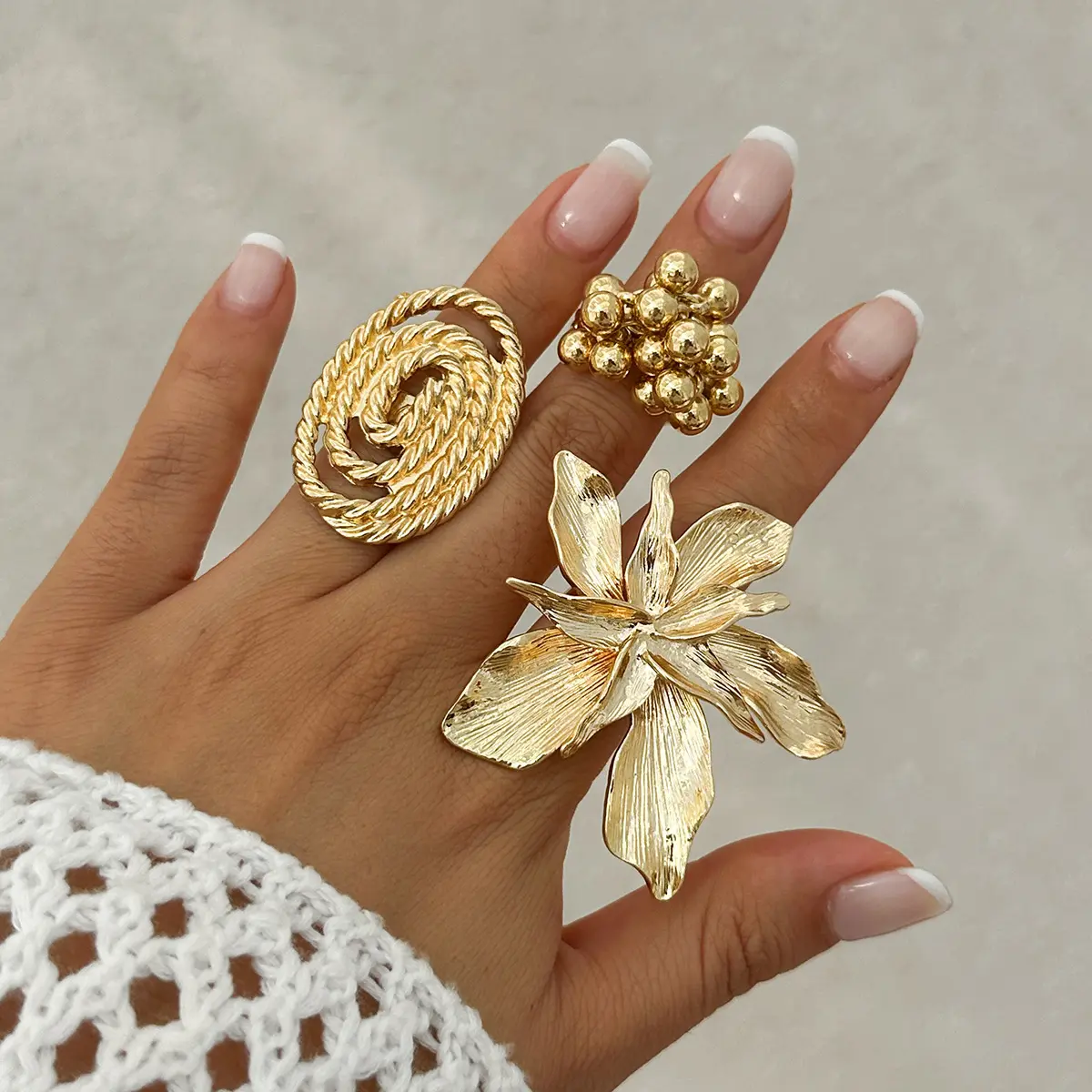Nhẫn Hở, Thiết Kế Hoa Năm Cánh Cá Tính, Hoa Ba Chiều Phong Cách Ins Cỡ Lớn, Nhẫn Cuốn Kim Loại
