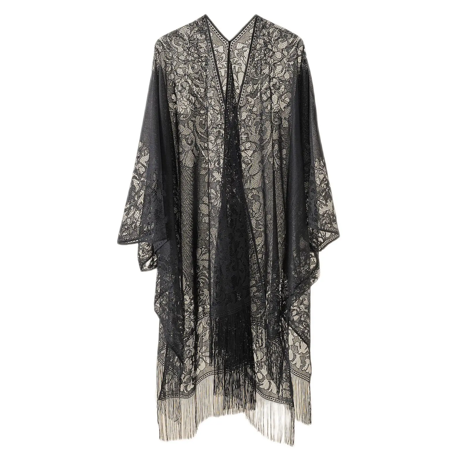 Women Lace Bikini Cover Up Hollow Out Crochet Floral Tassel Cardigan Beach Cape