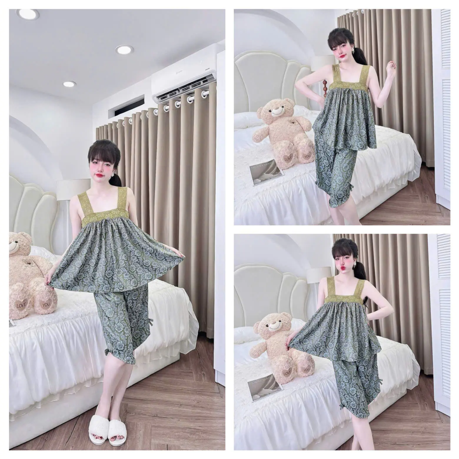 Bộ mặc nhà , pijama ren quai đính nơ quần lửng 40-65kg chất liệu cao cấp T007