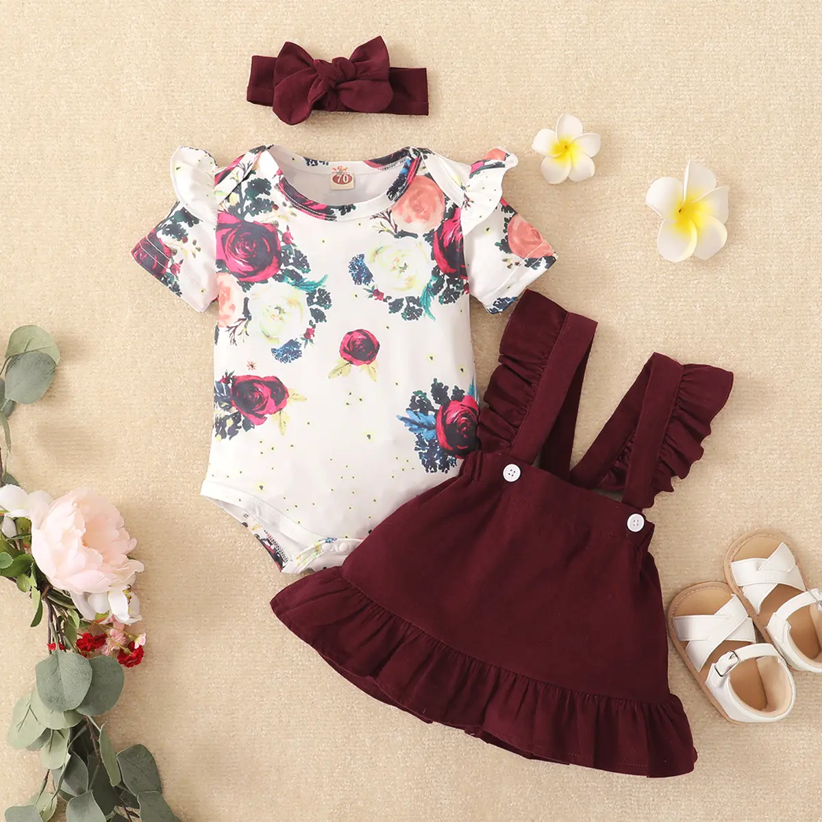 Pakaian bunga untuk bayi perempuan, backhoe musim panas, tali, skirt pendakap, ikat kepala, 3 helai, OOTD, merah, 123040019