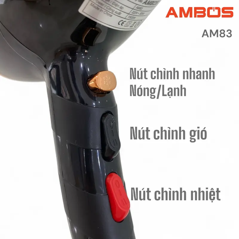 Máy sấy tóc Ambos bản Cao Cấp AM83 sấy 3 mức nhiệt nóng lạnh, ion âm và ánh sáng nano xanh giúp mượt tóc chống khô xơ, có chế độ ngắt bảo vệ quá nhiệt, lực sấy mạnh, bảo hành đổi trả toàn quốc 2