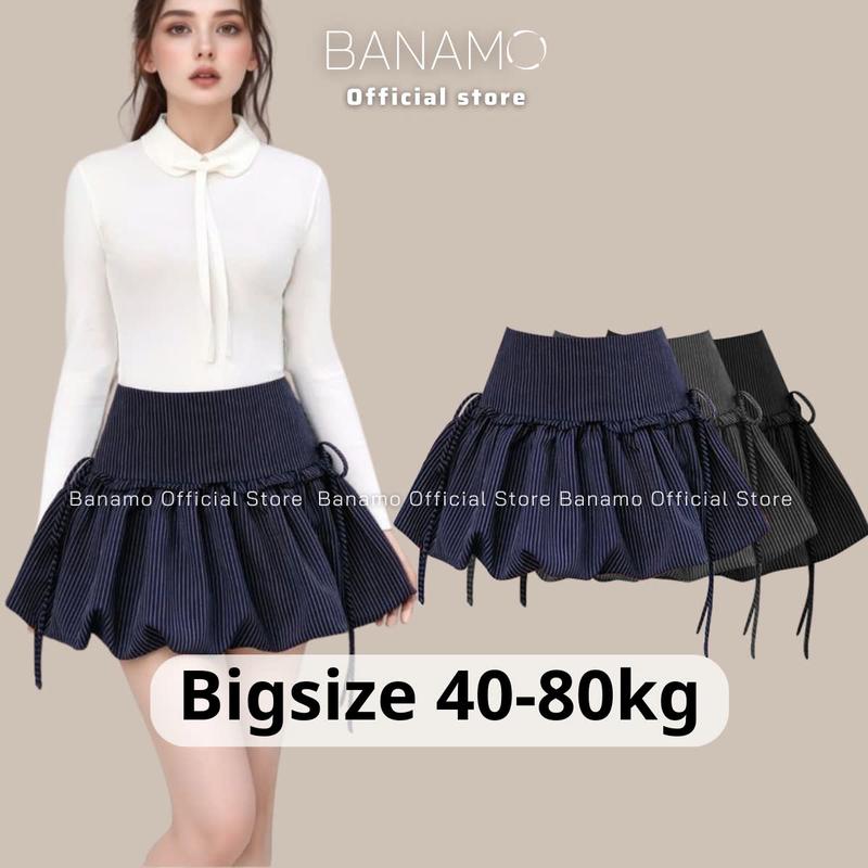 Chân váy nữ BIGSIZE Banamo Fashion chân váy bí kẻ nhỏ buộc nơ 2 bên có khoá kéo sau lưng phong cách tiểu thư 5936