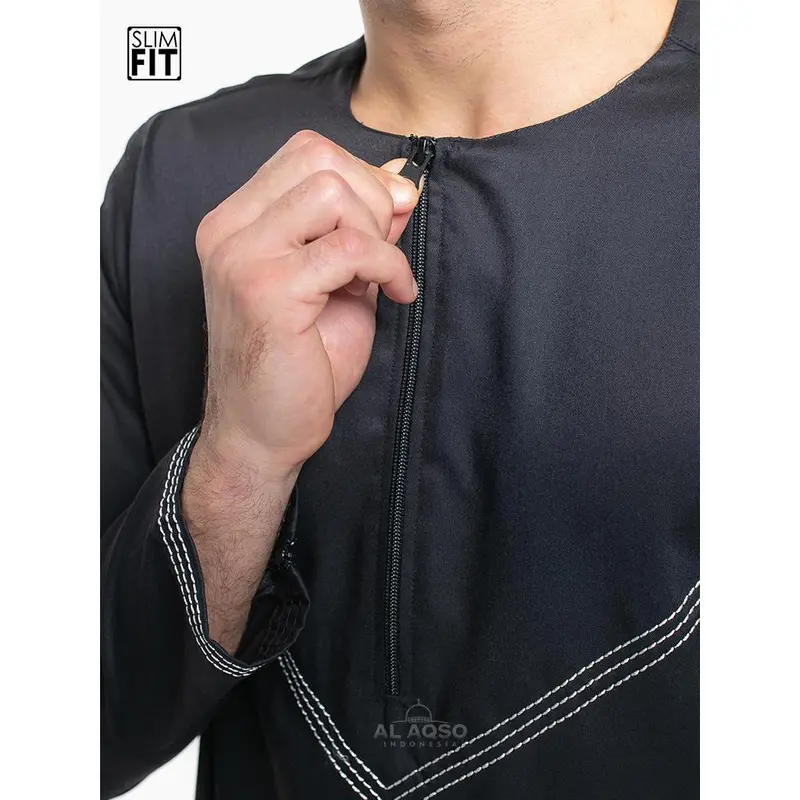 Al Aqso | Jubah Slimfit Thobe Gamis Pria Muslim Dewasa Premium Navy Abu Resleting Lengan Panjang | Jubah Osman 4