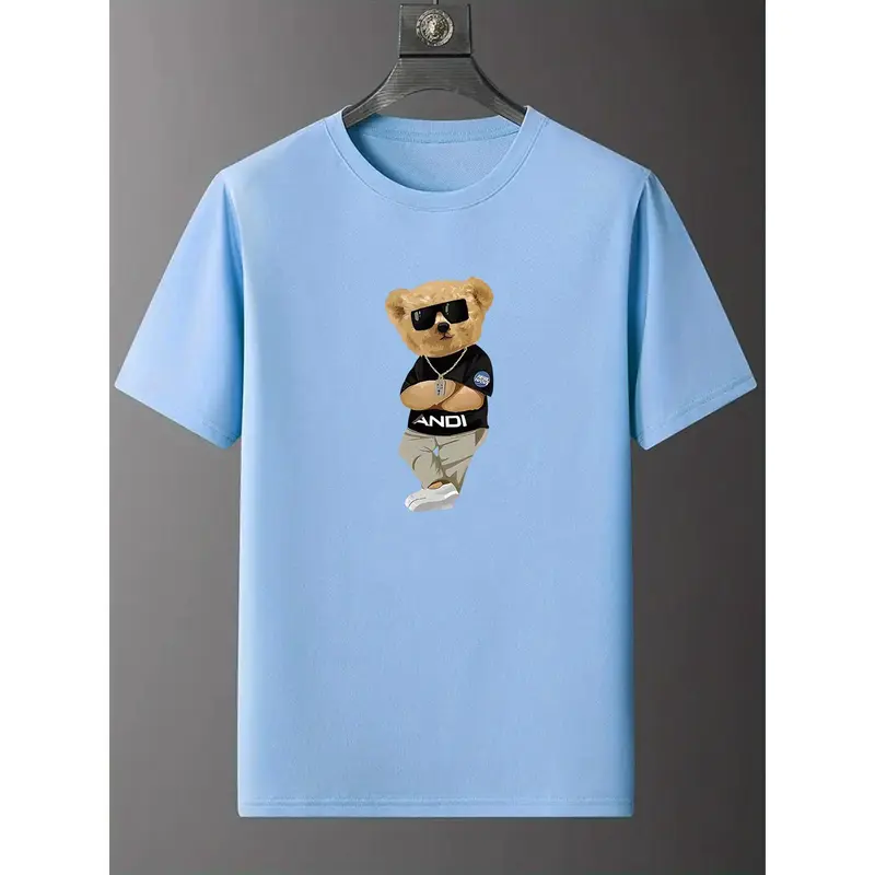 Kaos Penunjuk Arah Creative Cartoon Bear Graphic Print Crew Neck Short Sleeve T-shirt For Men, Breathable Comfy Summer Tops For Daily Wear Work Out And Vacation Resorts kaos  penunjuk 2