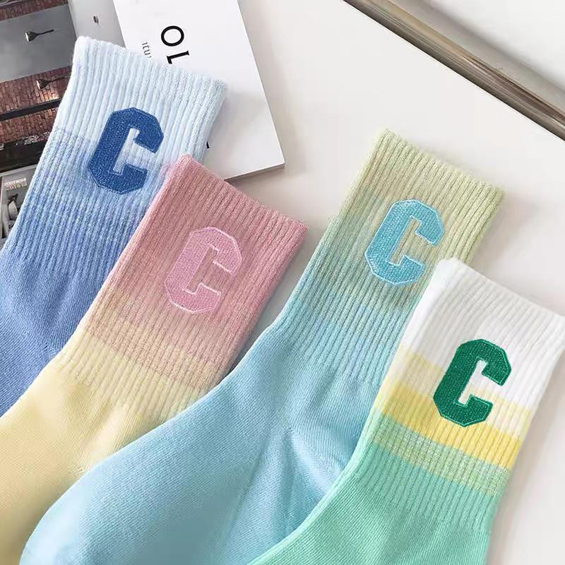 Set 5 vớ cổ cao nữ màu loang vải cotton dệt kim, tất nữ họa tiết chữ C nhiều màu, tất vớ nữ cổ cao phong cách Hàn Quốc trẻ trung năng động, tất chống hôi chân, vớ nữ Women thấm hút mồ hôi tốt