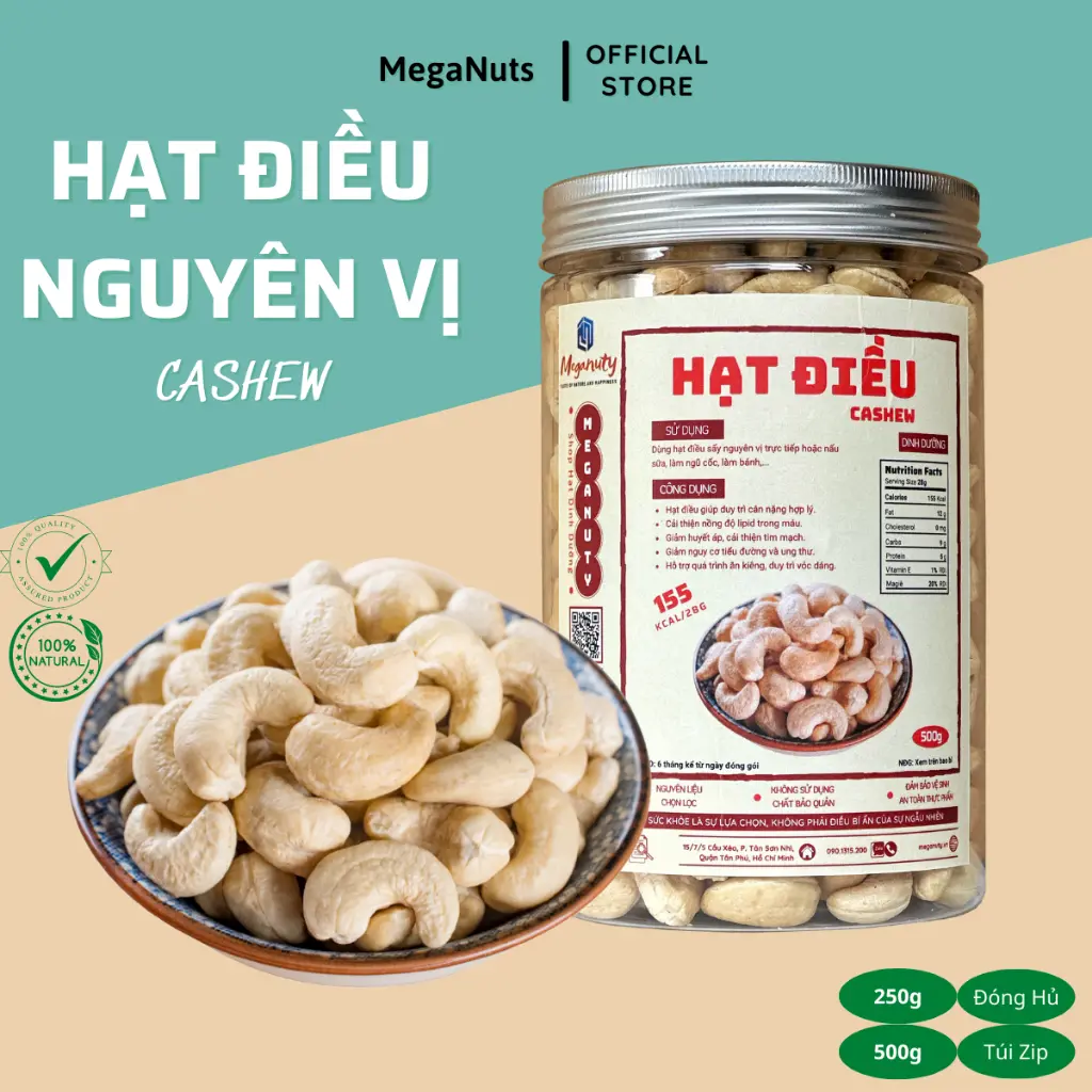 Hạt điều rang không muối Bình Phước Meganuty sấy nguyên vị - Hạt điều nguyên hạt,vỡ vị béo thơm ngon