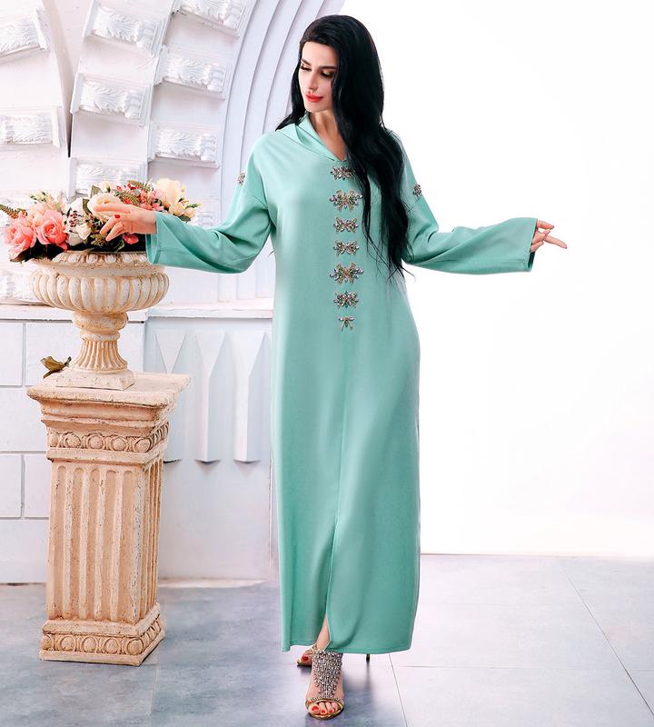 Product Introduction of Ba302 Water Green Hand-Stitched Glass Diamond Decorations Hooded Robe Middle East Southeast Asia Women's Robe 7