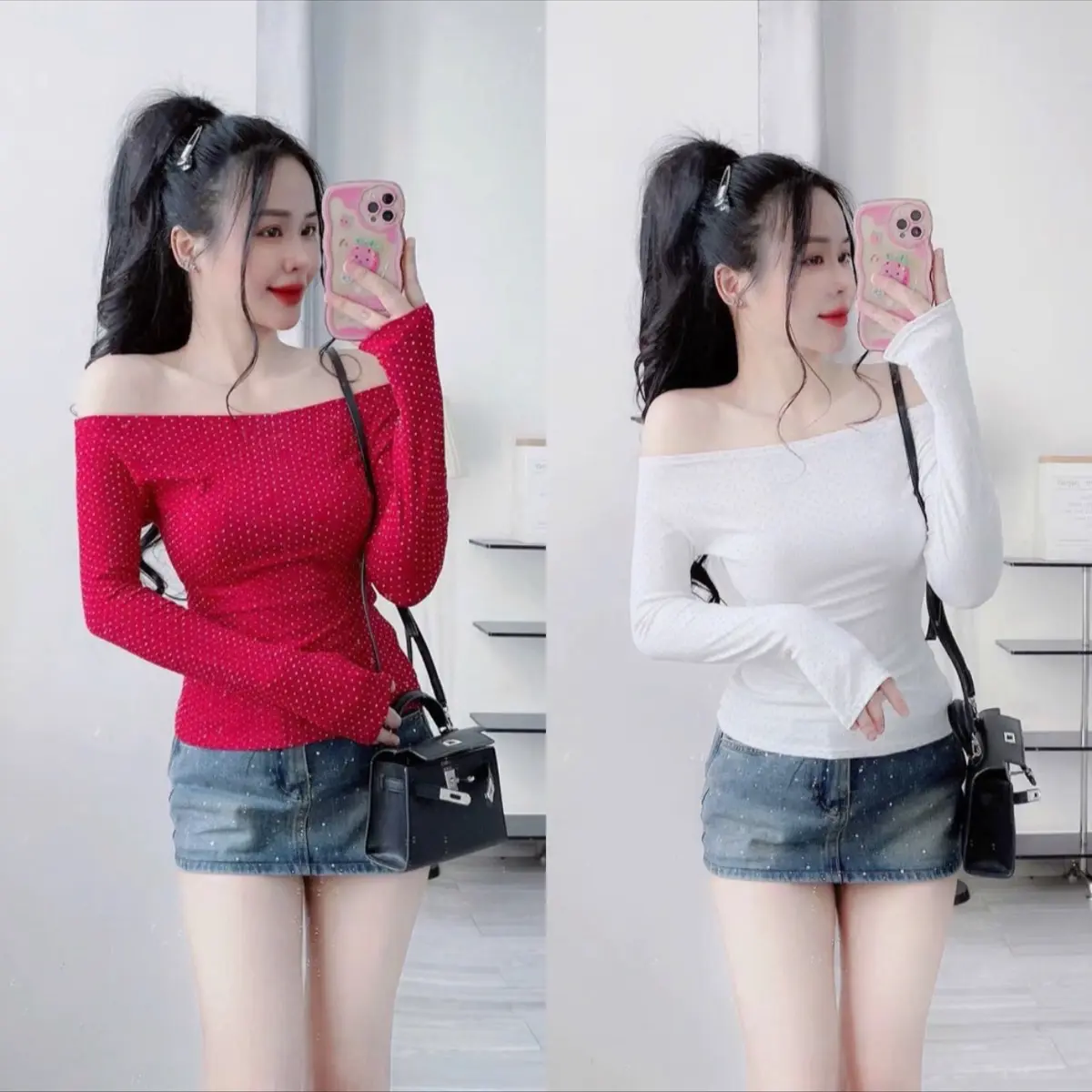 (Deal mở bán) Áo trễ vai đính đá cao cấp ôm body sang trọng ( có thể mặc lệch vai hoặc cổ thuyền)