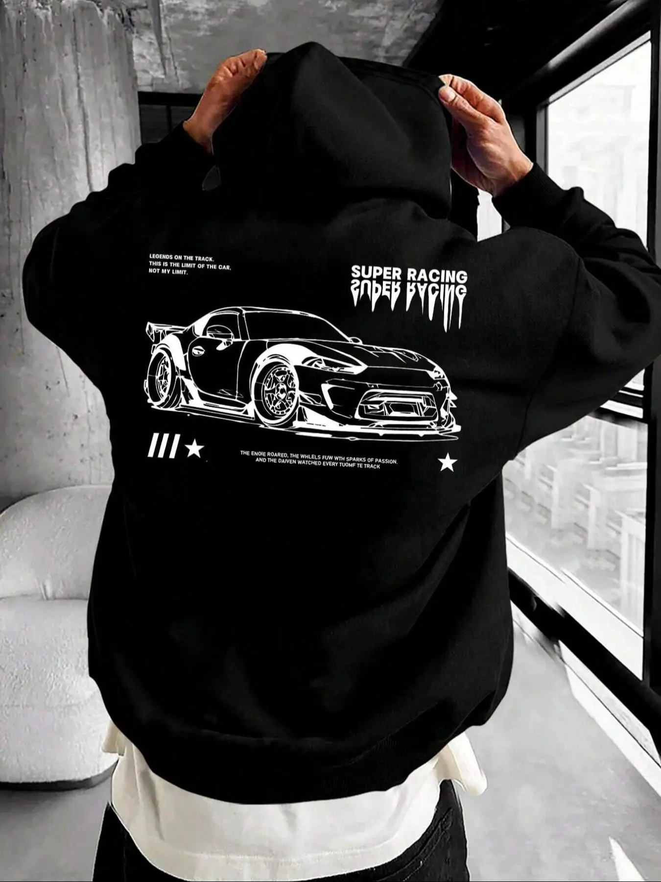 Men's Thermal Lined Car & Letter Print Drop Shoulder Hoodie, Fashion Casual Drawstring Pocket Hooded Sweatshirt for Daily Holiday Outdoor Wear, Men's Clothing for Fall & Winter, Culture Hoodie