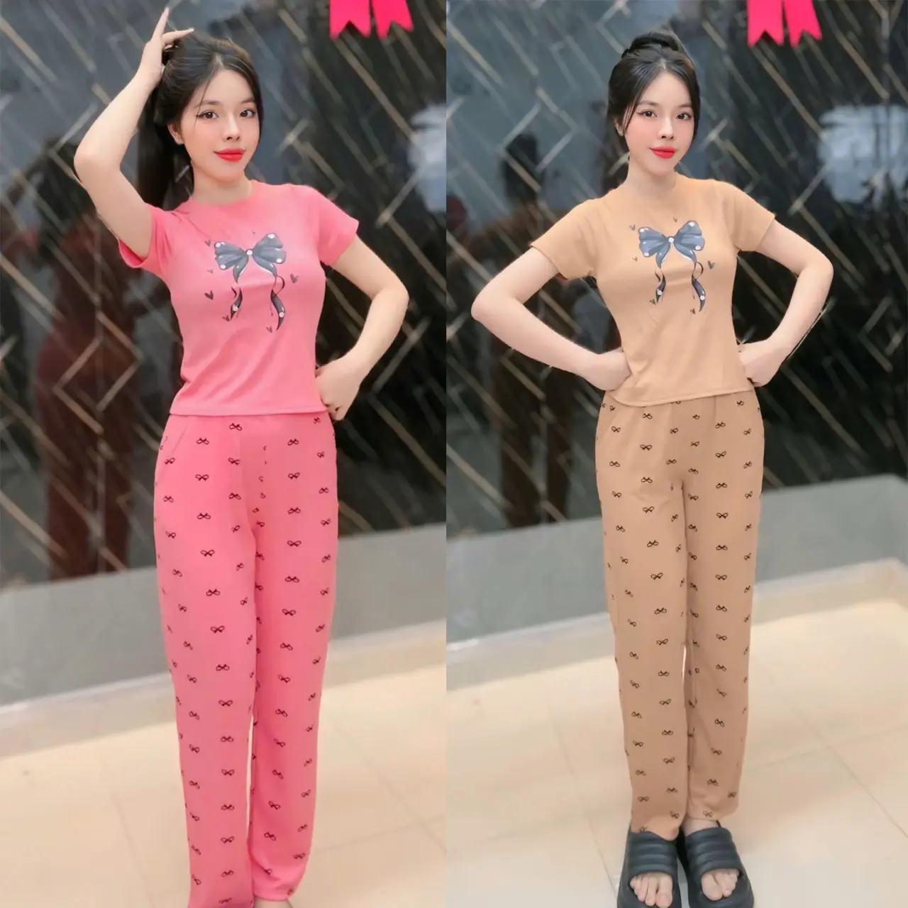B-58 Sét Bộ Thun tăm Lạnh in Nơ Áo cổ tròn Nữ Hot Hit