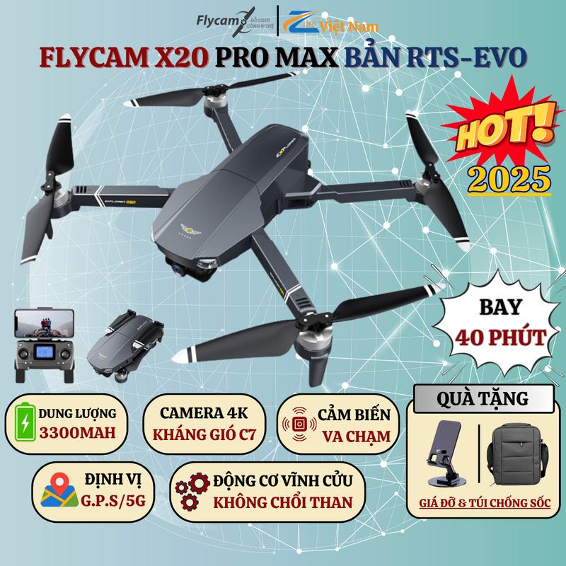 [Mua Là Có Quà] Flycam Drone X20 Pro Max , Máy Bay Chụp Ảnh Không Người Lái, Camera 4K, Gimbal Chống Rung 3 Trục, Định Vị Vệ Tinh GPS/5G , Cảm Biến Tránh Va Chạm 360 Độ, Dung Lượng Pin 3300mAh, Thời Gian Bay 35 Phút, Có Đèn Trợ Sáng Bay Ban Đêm Phụ Kiện