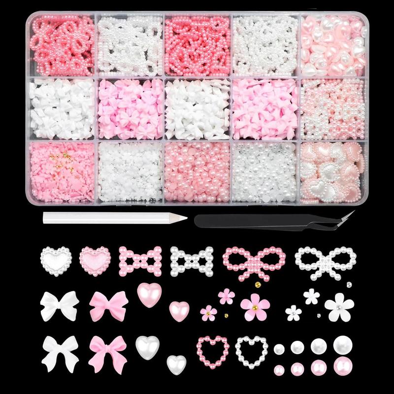 Product Introduction of Bow and Faux Pearl Decor Nail Art Charms Set, 1000pcs Multi-shape Nail Art Decoration, Nail Art Accessories with Tweezers & Pickup Pencil for Nail Art, Craft and Decoration 11