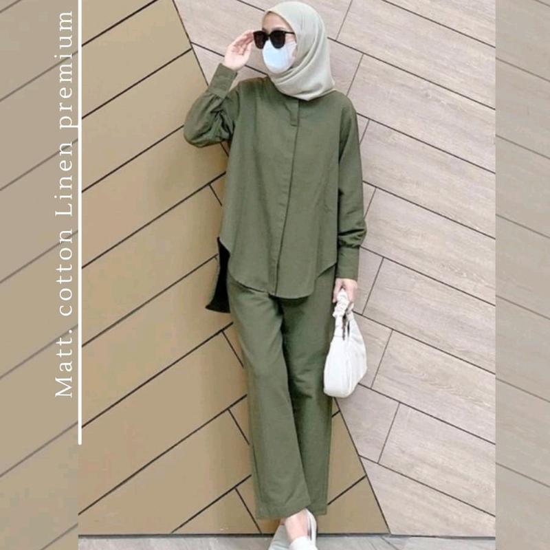 Sandara setelan/sabrina setelan/setelan linen rami/setelan polos/READY STOCK Baju Celana Kancing Muslim Wanita Kulot Dewasa Katun Panjang 2