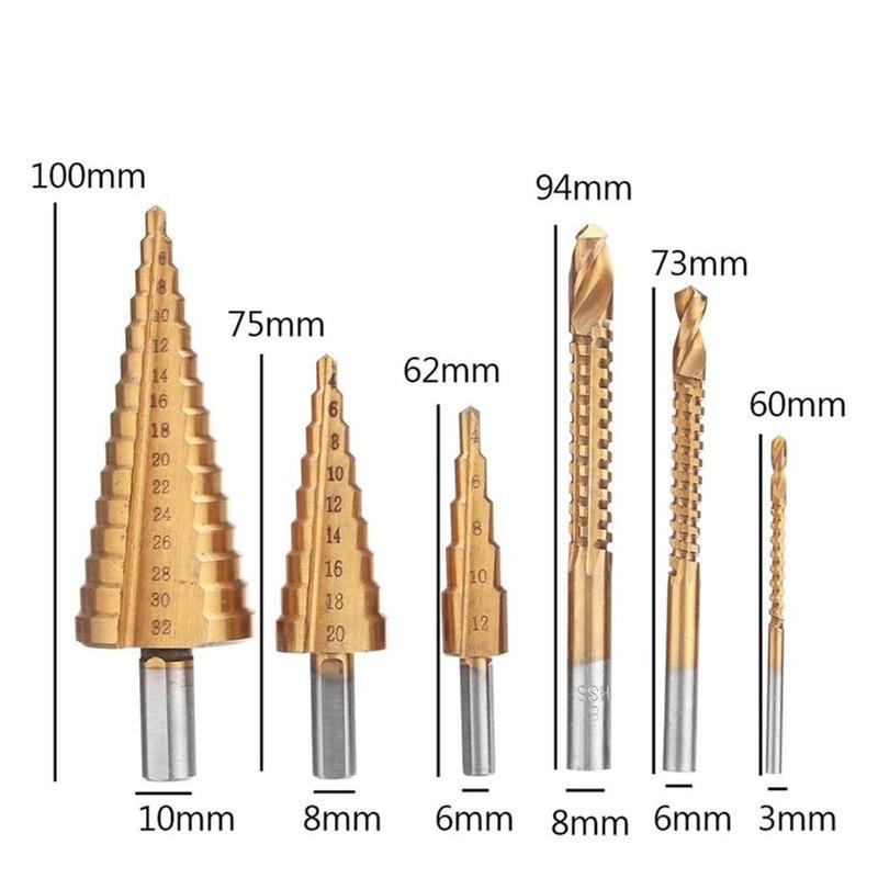 Bộ 6 mũi khoan khoét lỗ đa năng,Mũi khoan hình nón thép phủ titan cỡ 4-12/20/32mm tiện dụng- Khoan được nhiều cỡ lỗ trong 1 mũi khoan 7