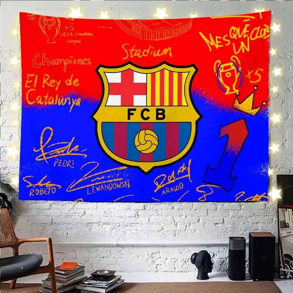 พื้นหลังฟุตบอลบาร์เซโลนา, ภาพดาราบาร์เซโลนา, ผ้าแขวน Ronaldinho Messi, เหมาะสำหรับตกแต่งหัวเตียงห้องหอพัก, ผ้าแขวนผนัง