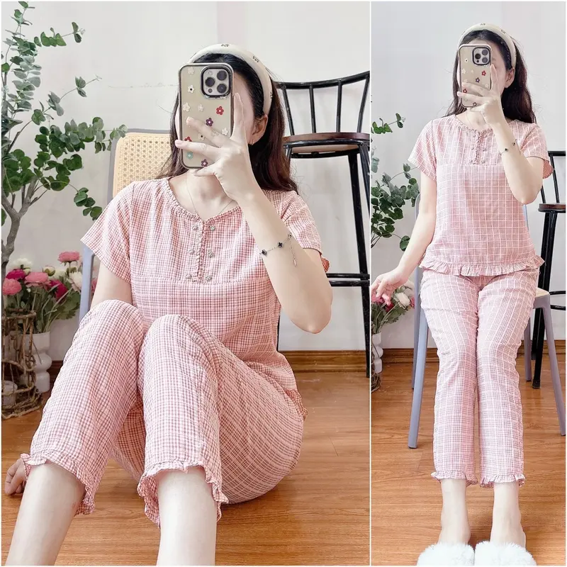 Bộ mặc nhà 6 khuy cổ nhún bèo xinh chất thô kẻ lông mềm. 8