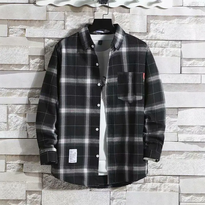 Fat Japanese Plaid Shirt Men's Large Size Casual Long-Sleeved Top Coat Trendy Hong Kong Style Autumn Retro All-Matching Shirt
