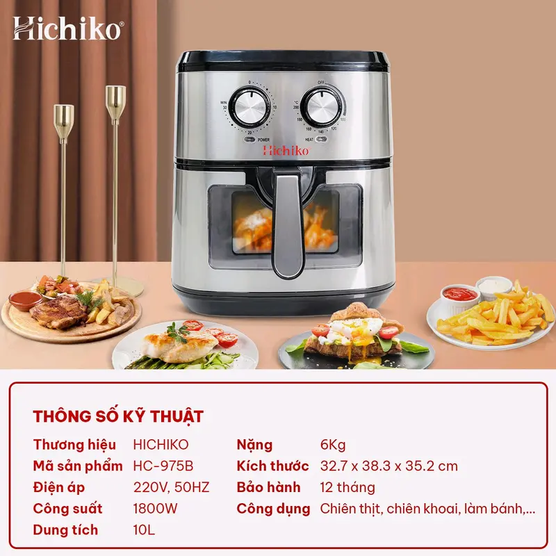 Nồi chiên không dầu Hichiko HC-975B dung tích 10L, nướng vừa con gà 3kg 2